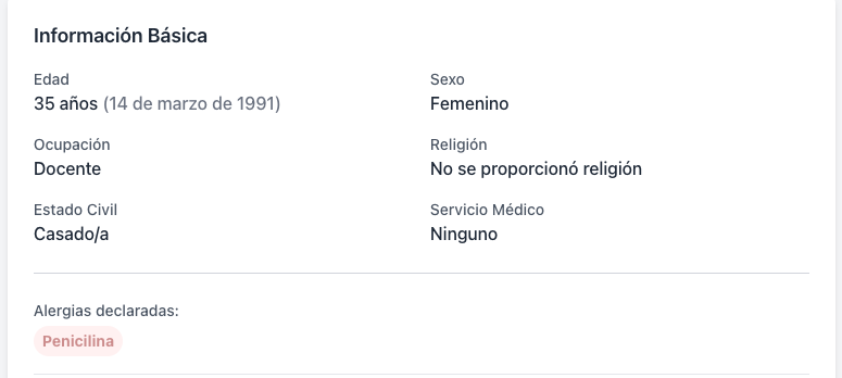 Perfil de paciente en el expediente clínico electrónico de Yone: información básica, alergias y consultas