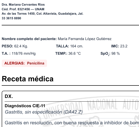 Receta médica en PDF generada por Yone: membrete con cédula profesional, signos vitales, diagnóstico y tratamiento
